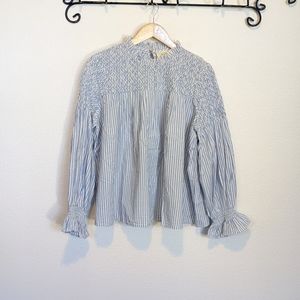 Anthropologie Maeve Smocked Peasant Blue White Blouse